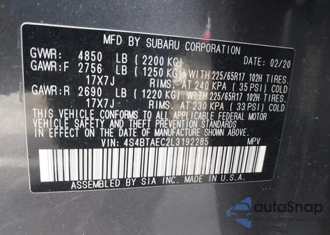 2020 Subaru Outback Premium from USA, damaged, VIN 4S4BTAEC2L3192285